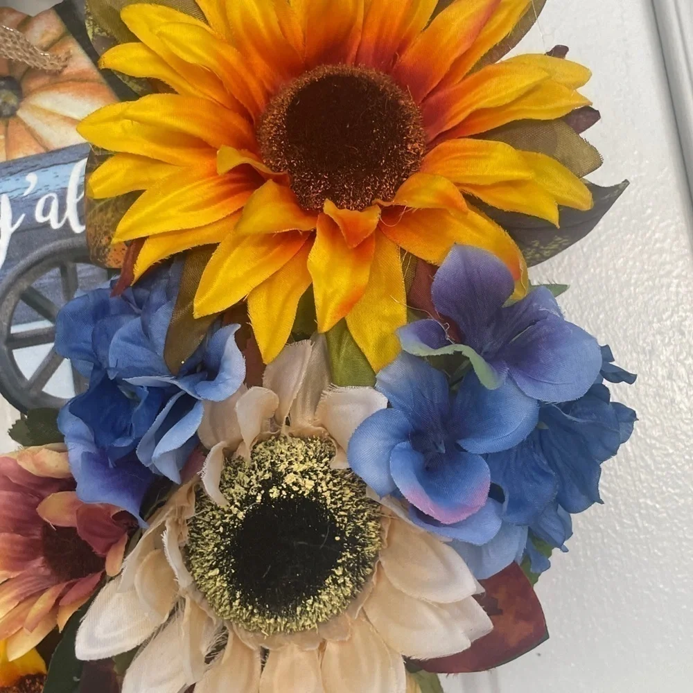 Handmade fall sunflower wreath sign says happy fall y’all 24”